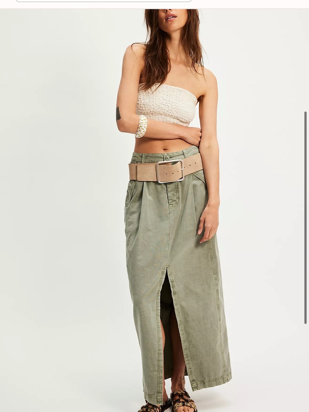 Free People Olive Green Maxi Skirt with Front Slit and Wide Tan Belt